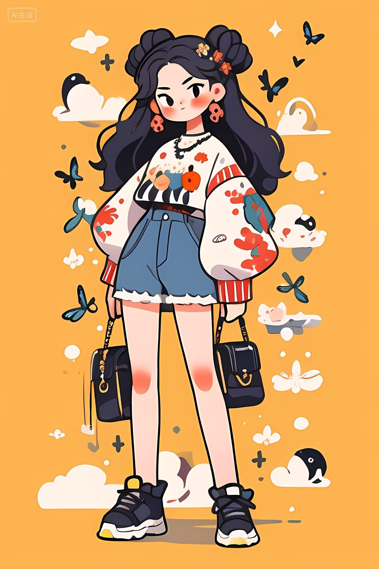 可爱Q版女孩时尚服装包温馨背景插画