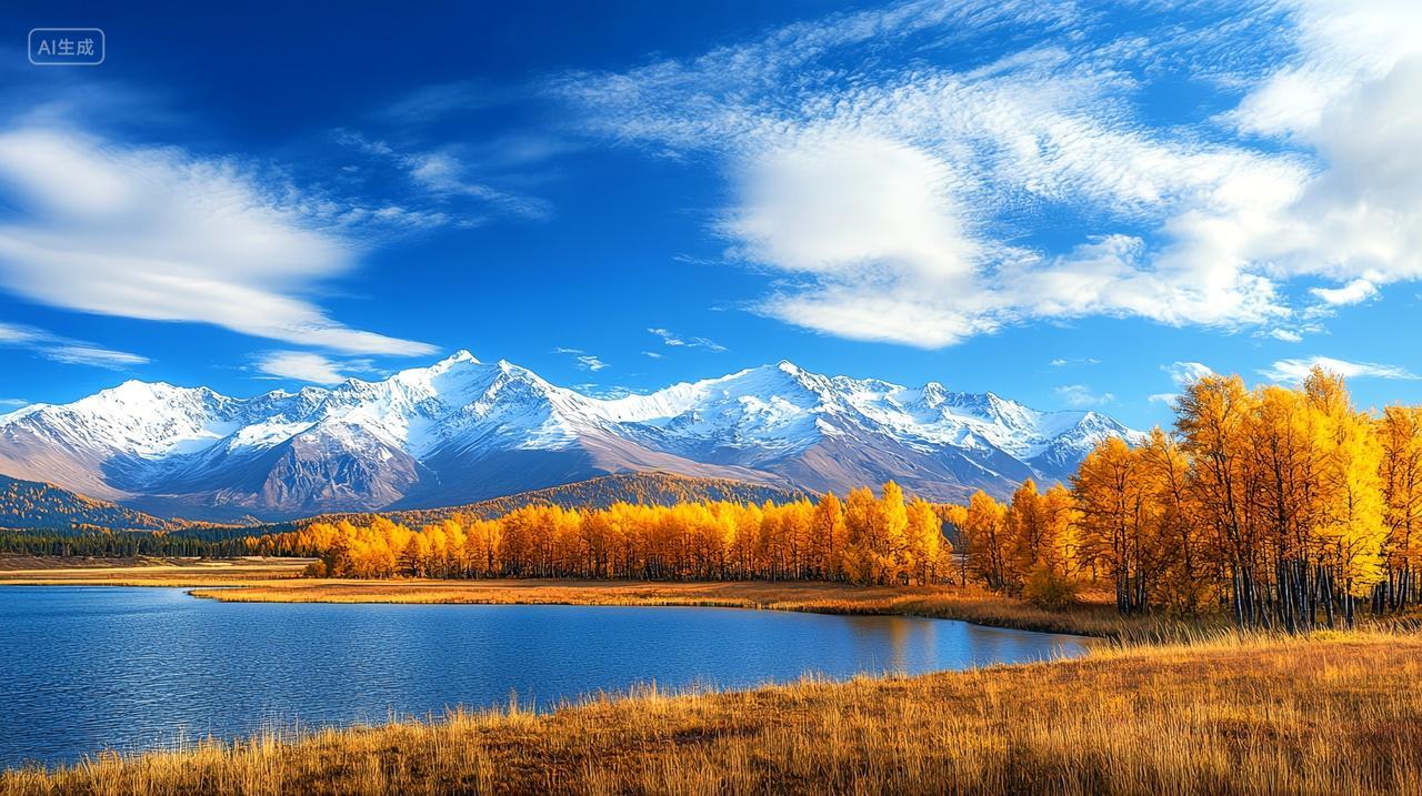 新疆雪山下的湖泊胡杨