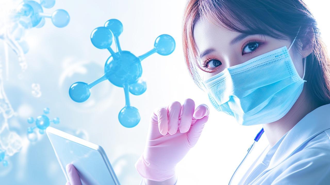 医生医疗分子结构戴口罩的女医生医疗背景