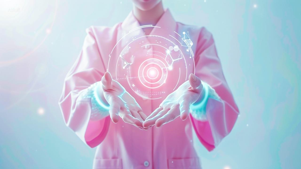 身穿粉色衣服的医生伸出双手医疗科技背景