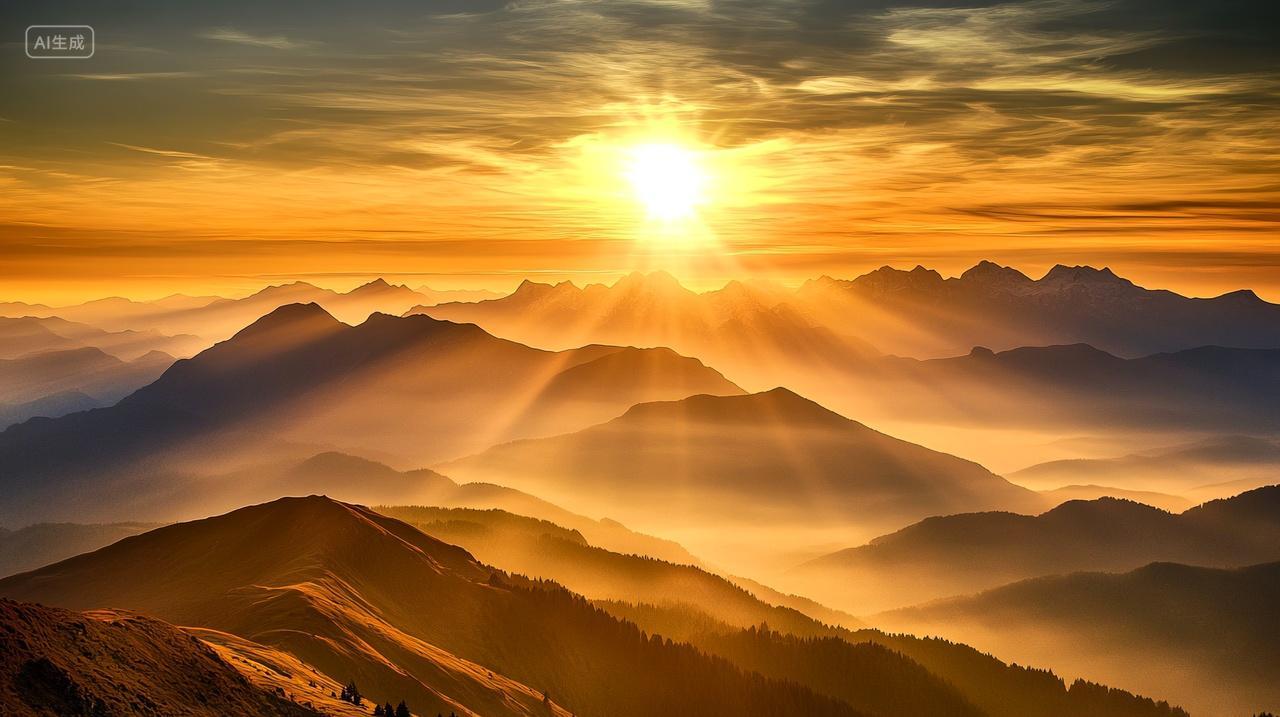 秋日夕阳余晖照耀万川云海