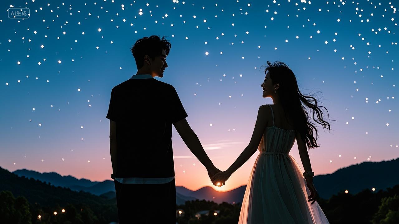 情侣牵手背影剪影七夕情人节520