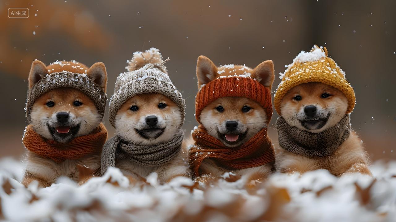 雪地上的四只穿毛线帽柴犬动物宠物