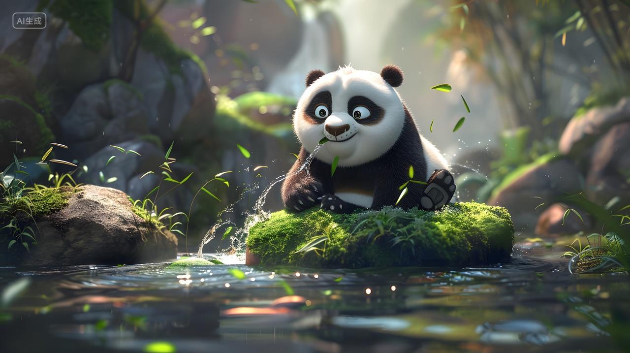 溪流中的熊猫动物摄影插画
