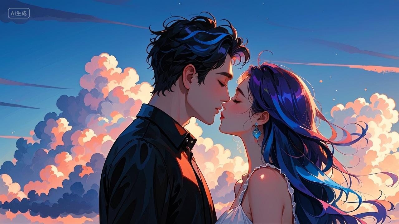浪漫情侣亲吻蓝紫色天空云朵七夕情人节520