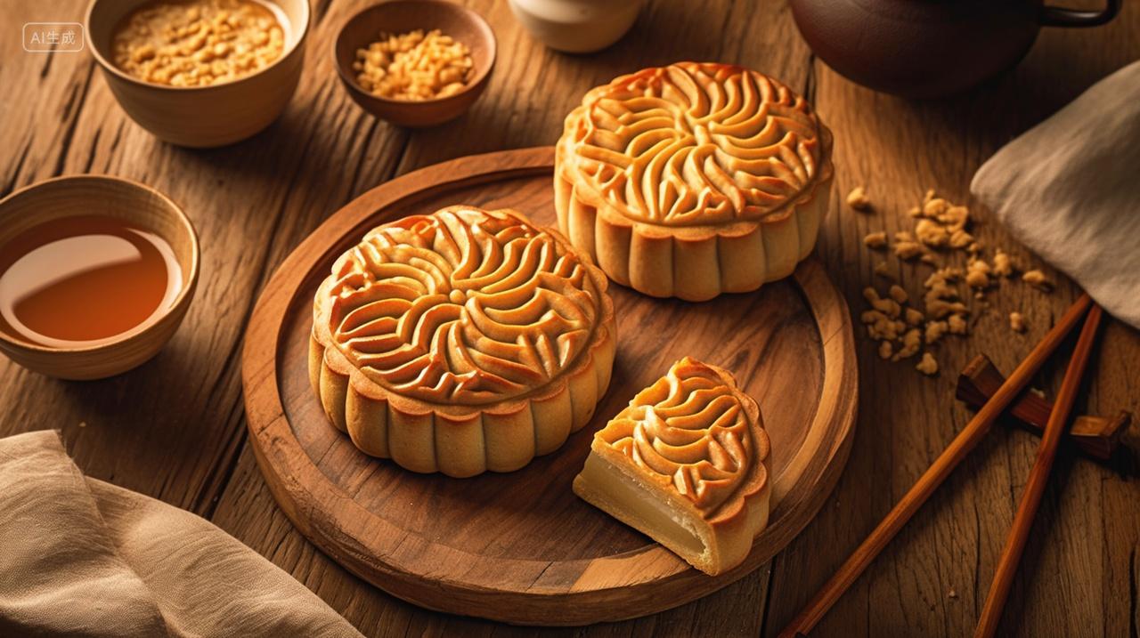 中国传统节日中秋节月饼美食摆盘特写展示