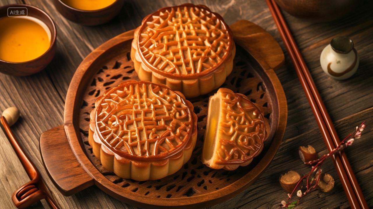 中国传统节日中秋节月饼美食摆盘特写展示