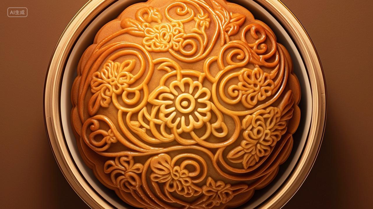 俯拍月饼盒里的一个月饼中国传统节日中秋节月饼美食摆盘特写展示