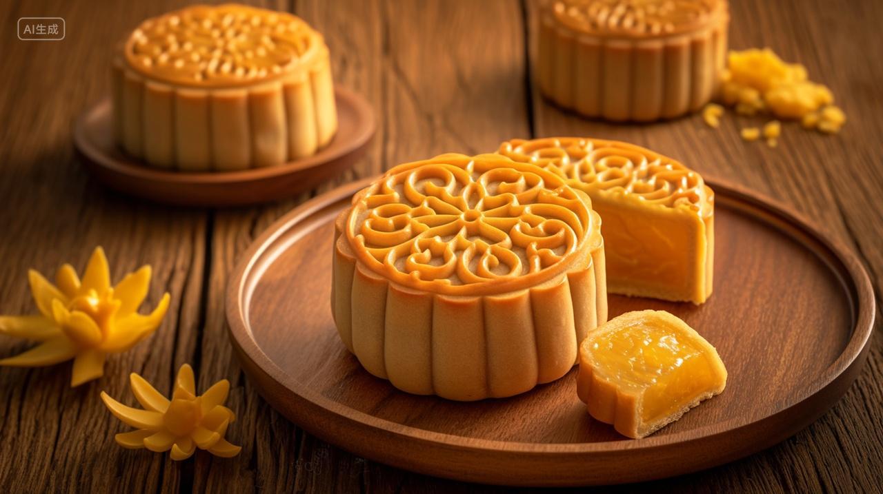 中国传统节日中秋节月饼美食摆盘特写展示切开的月饼