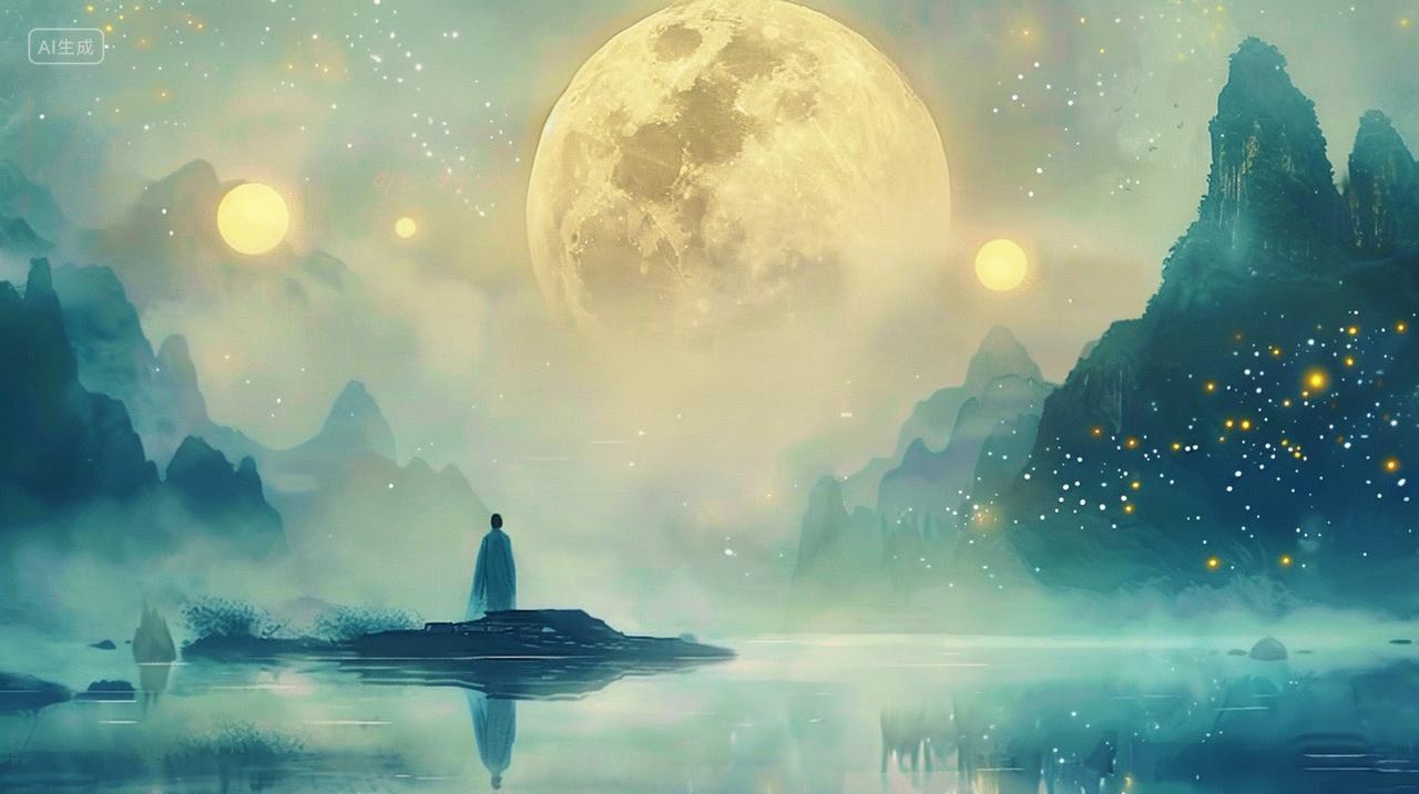 中秋节插画山水古人赏月插画背景