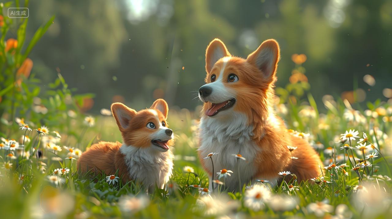 花丛中母子两只柯基狗宠物动物