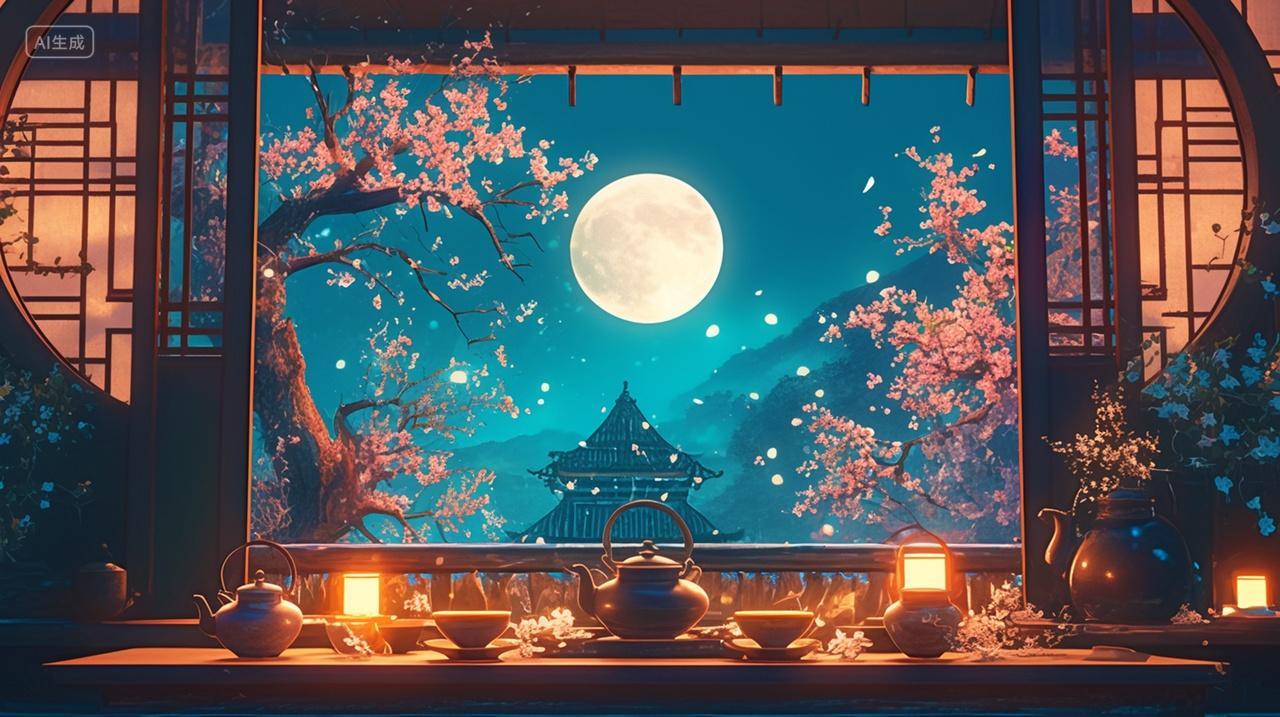 中秋插画月光照耀在窗户桌子水壶中秋节背景