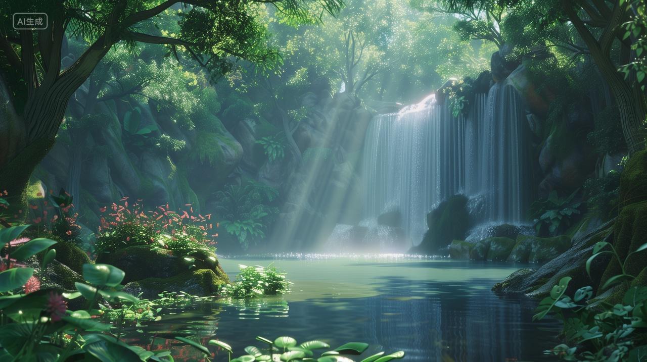 风景阳光下的雨林瀑布