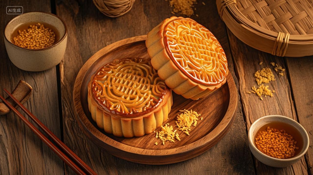 传统节日中秋节桌子上展示的一盘月饼