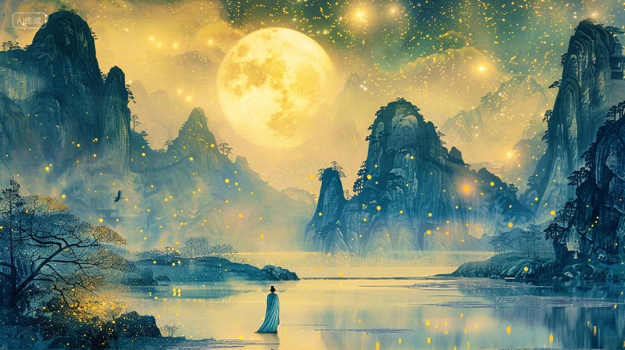 中国风诗人站在山脚水面上欣赏中秋的月亮中秋节背景