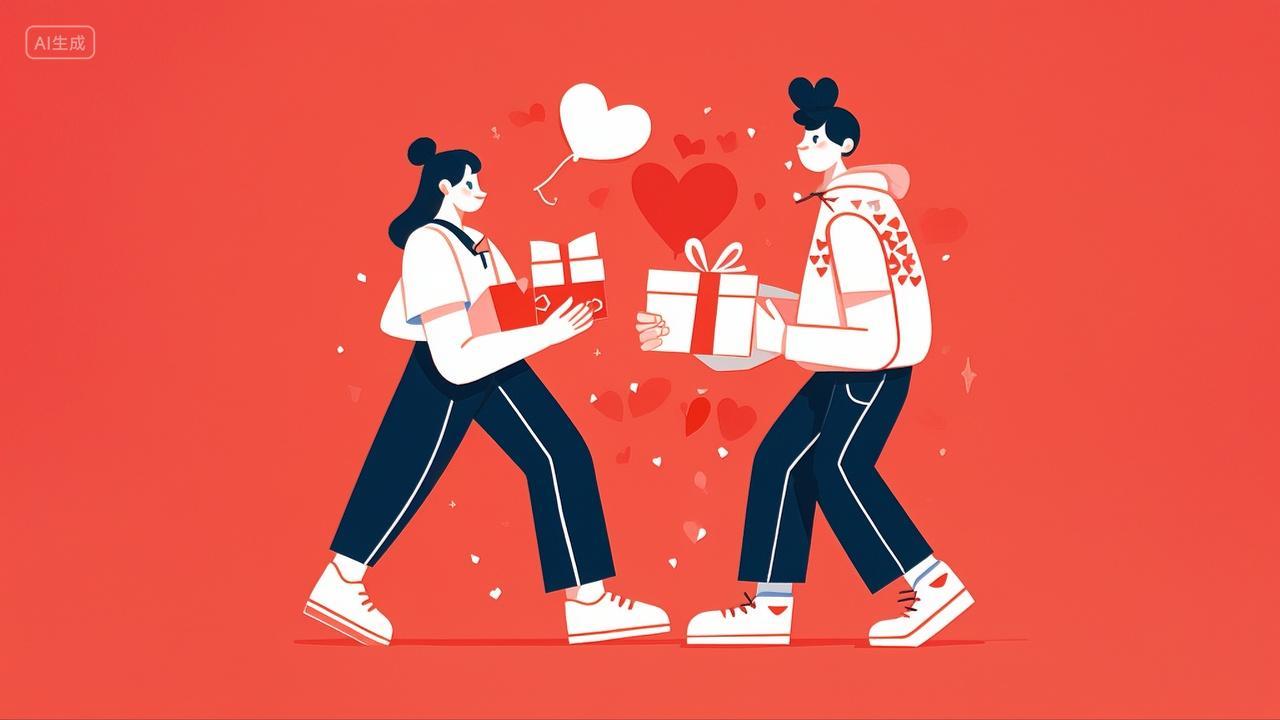 剪纸风格互送礼物的情侣插画七夕情人节520