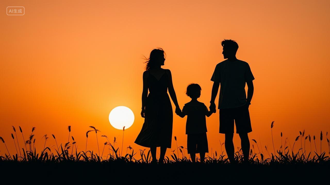 黄昏户外一家三口剪影背影温馨画面
