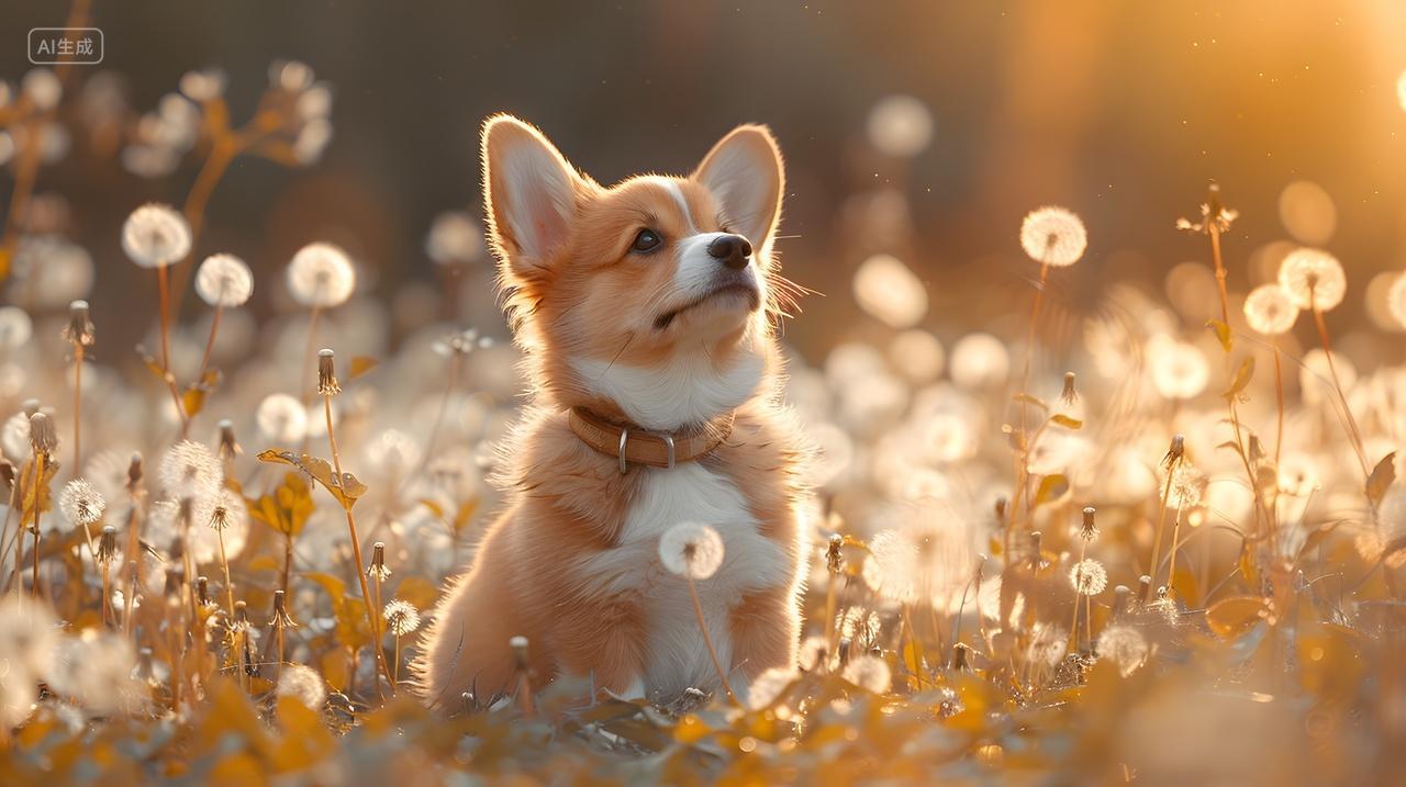 夕阳下的花田里的柯基犬动物宠物