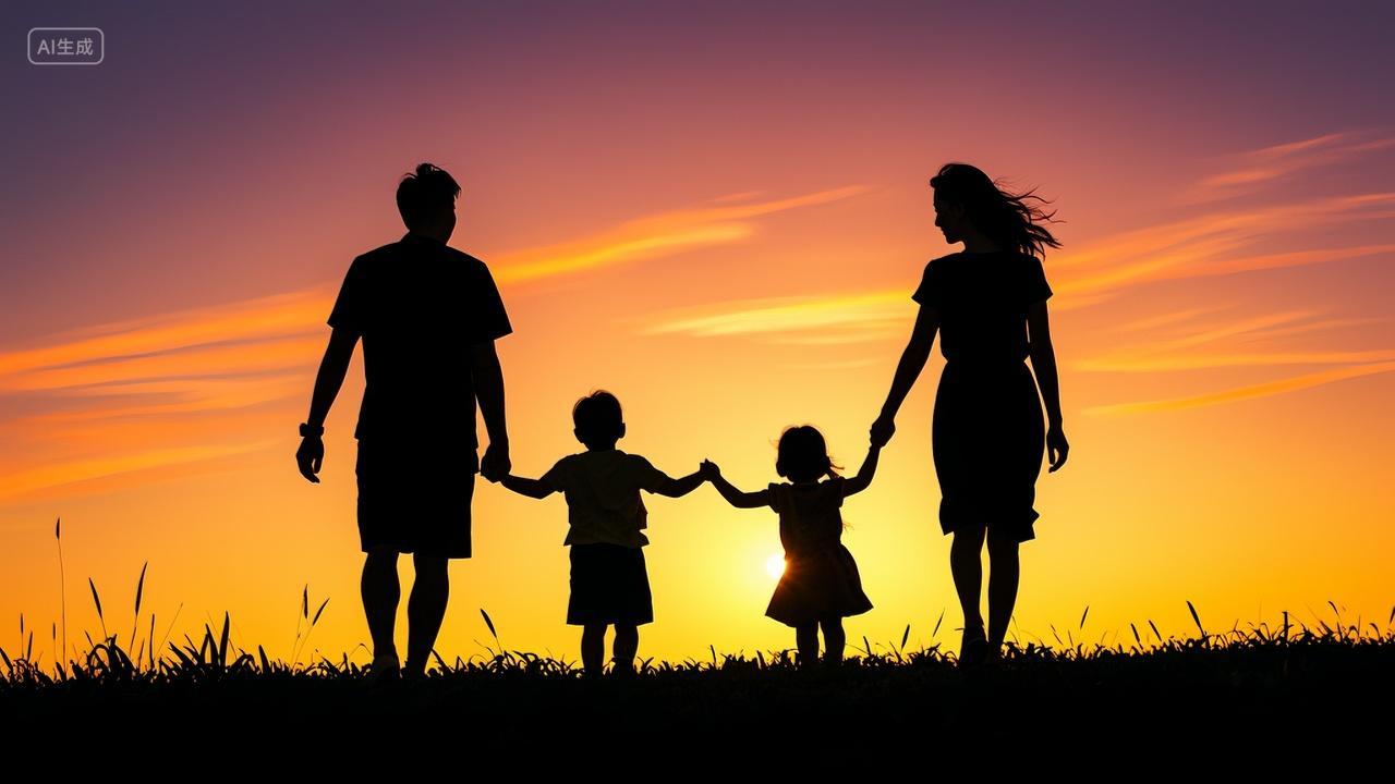 黄昏户外一家四口剪影背影温馨画面