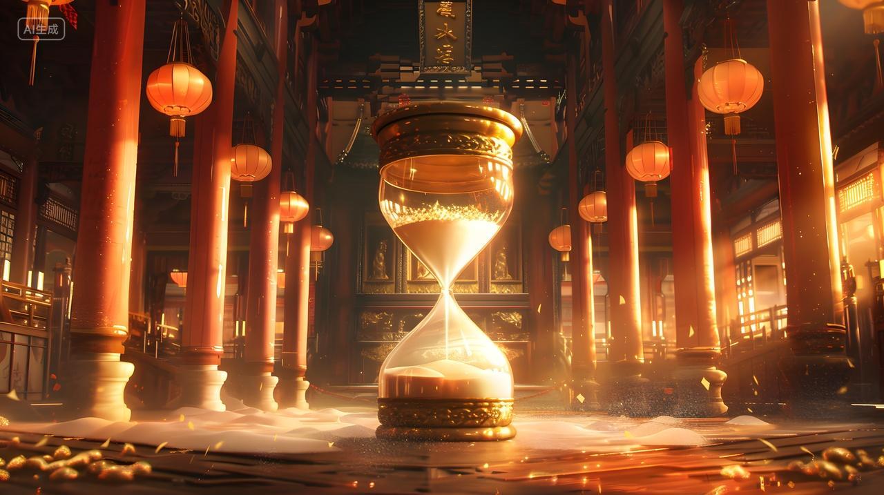古风建筑内部大型沙漏红灯笼景观