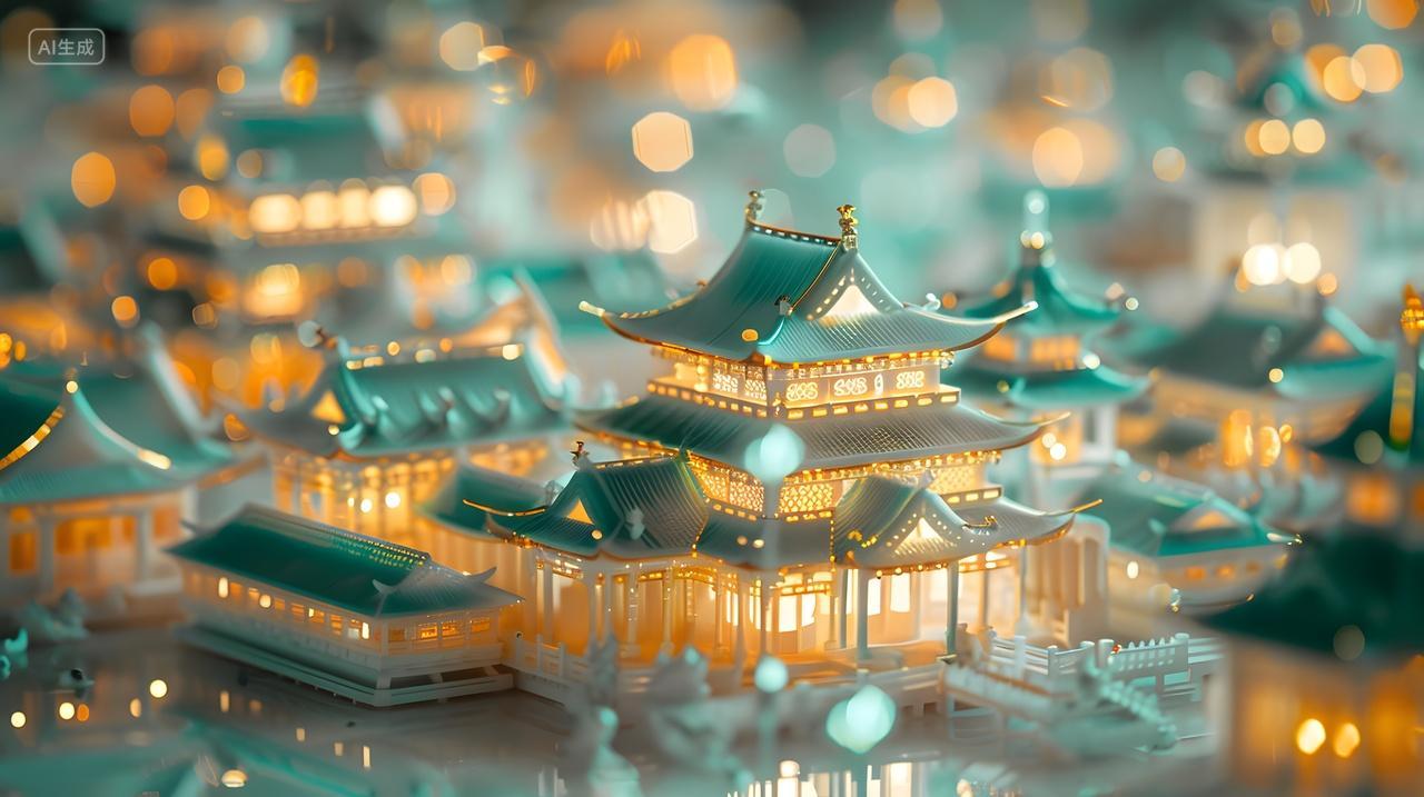 夜晚灯火通明的中国古风建筑群景观