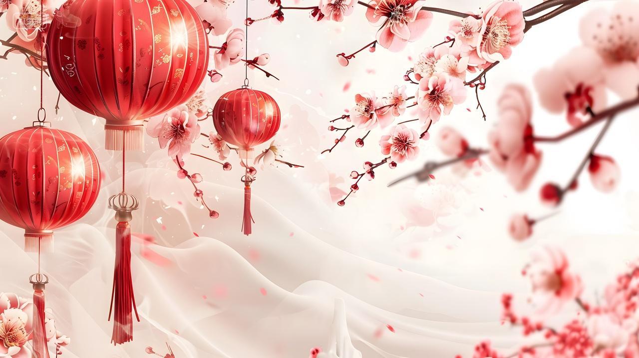 桃花和红灯笼的中式装饰背景