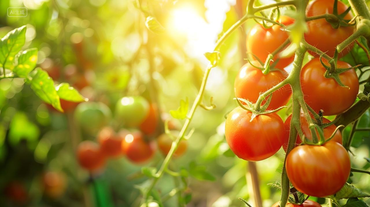 新鲜成熟的番茄在藤上生长在温室中的番茄植株上