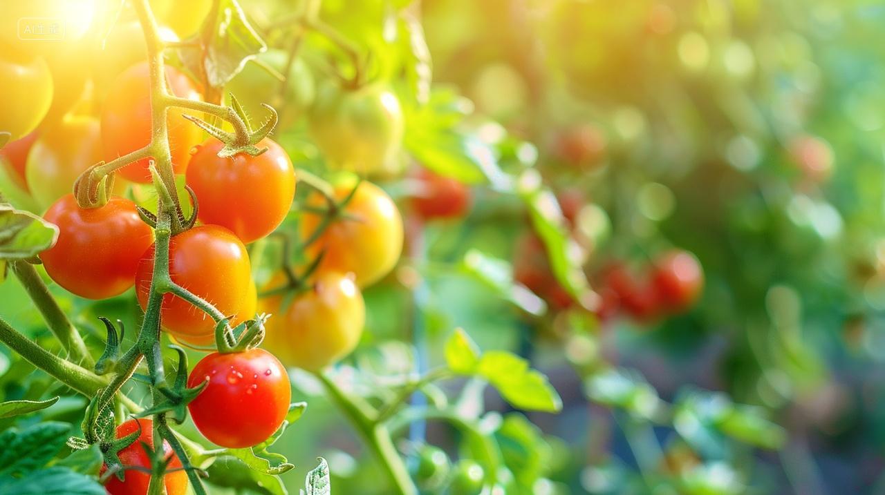 逆光拍摄温室大棚里面生长的西红柿蔬菜植物农业宣传