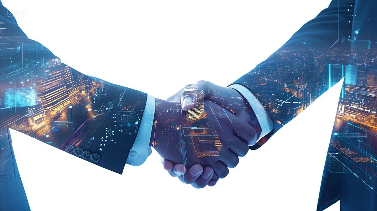 白底图商务城市高楼背景下握手合成照片企业宣传