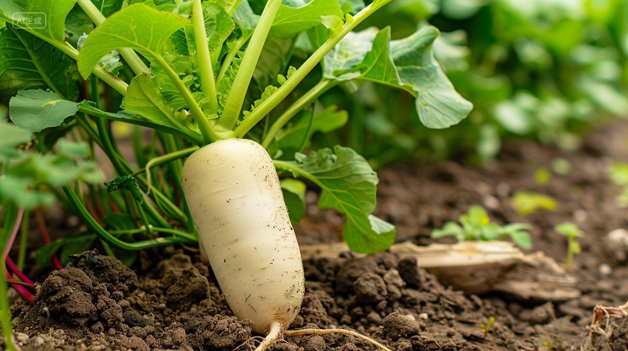 实拍温室大棚里新鲜白萝卜农业宣传