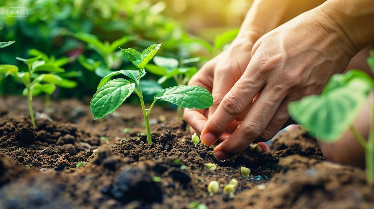 实拍在肥沃的土壤种植植物幼苗农业发展