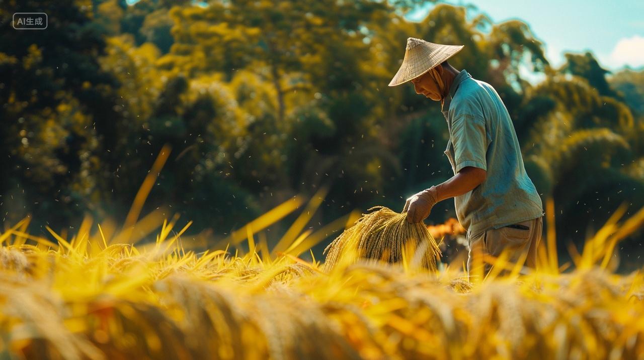 实拍农民手拿稻子在稻田里面农业宣传