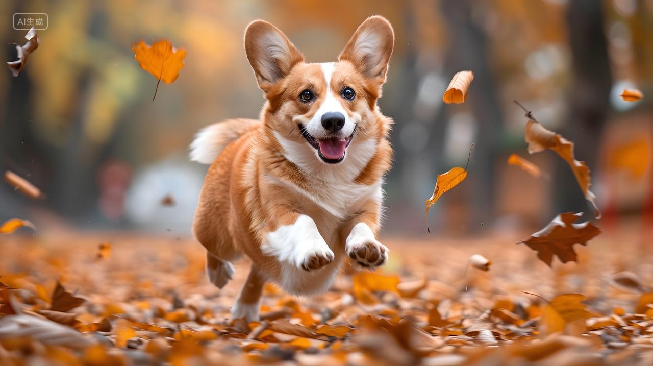 秋天落叶中奔跑的小狗动物宠物