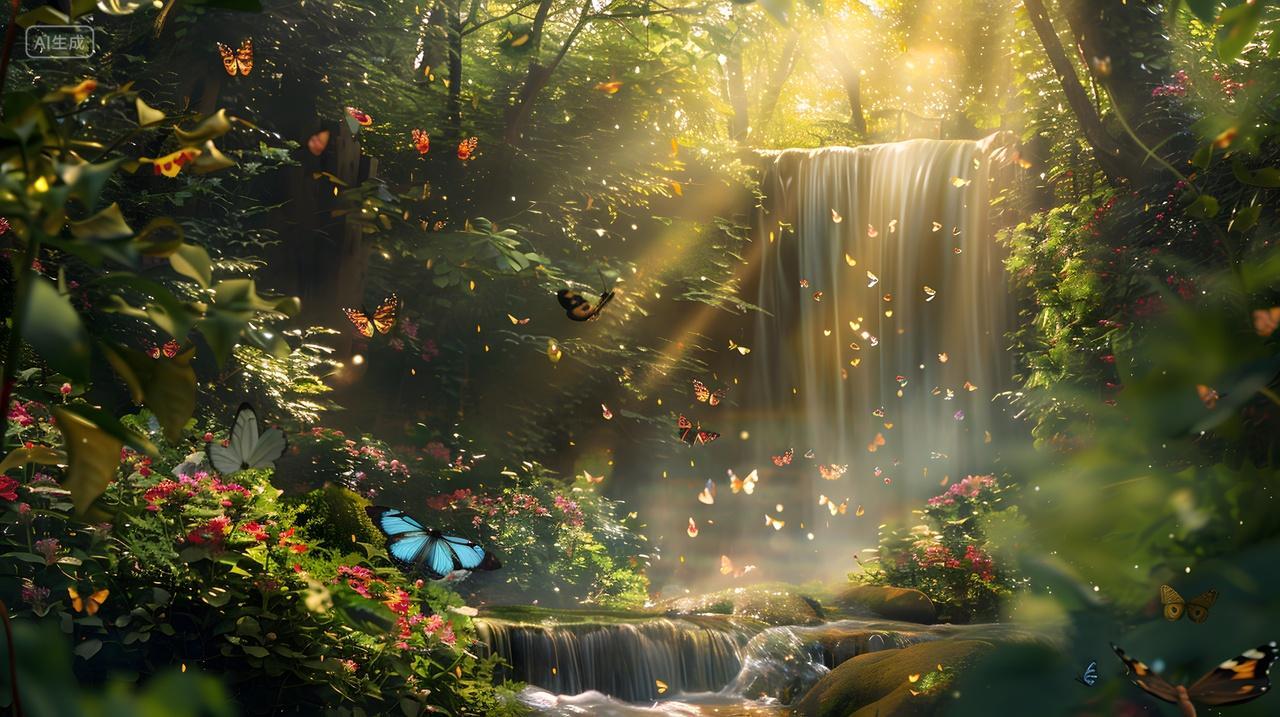 阳光下的森林瀑布风景