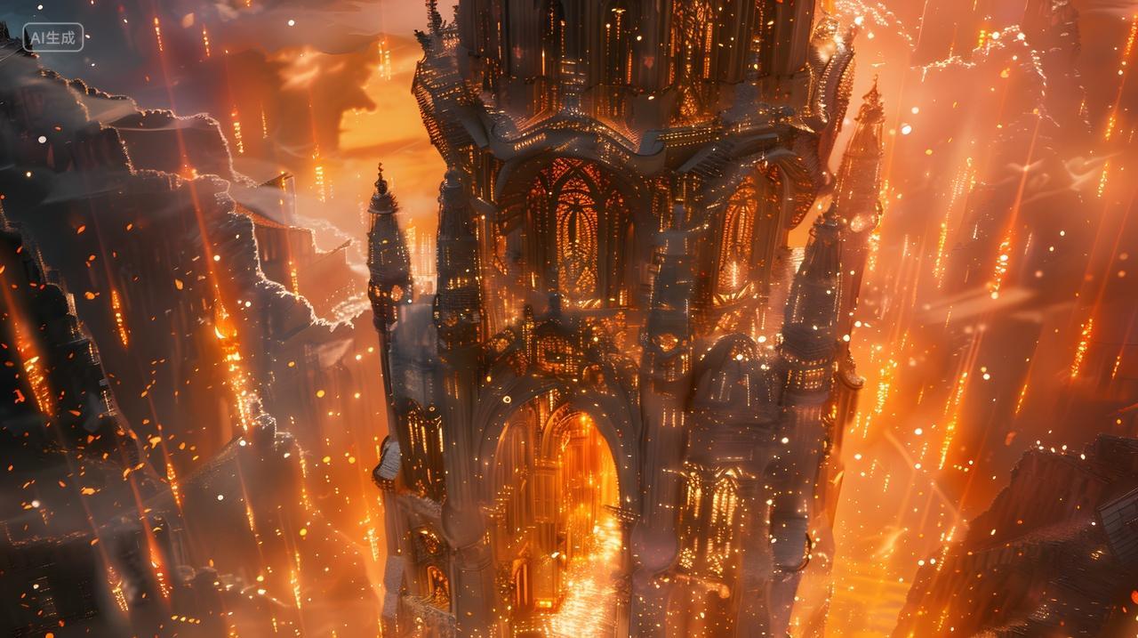 火焰中的古风建筑塔楼景观