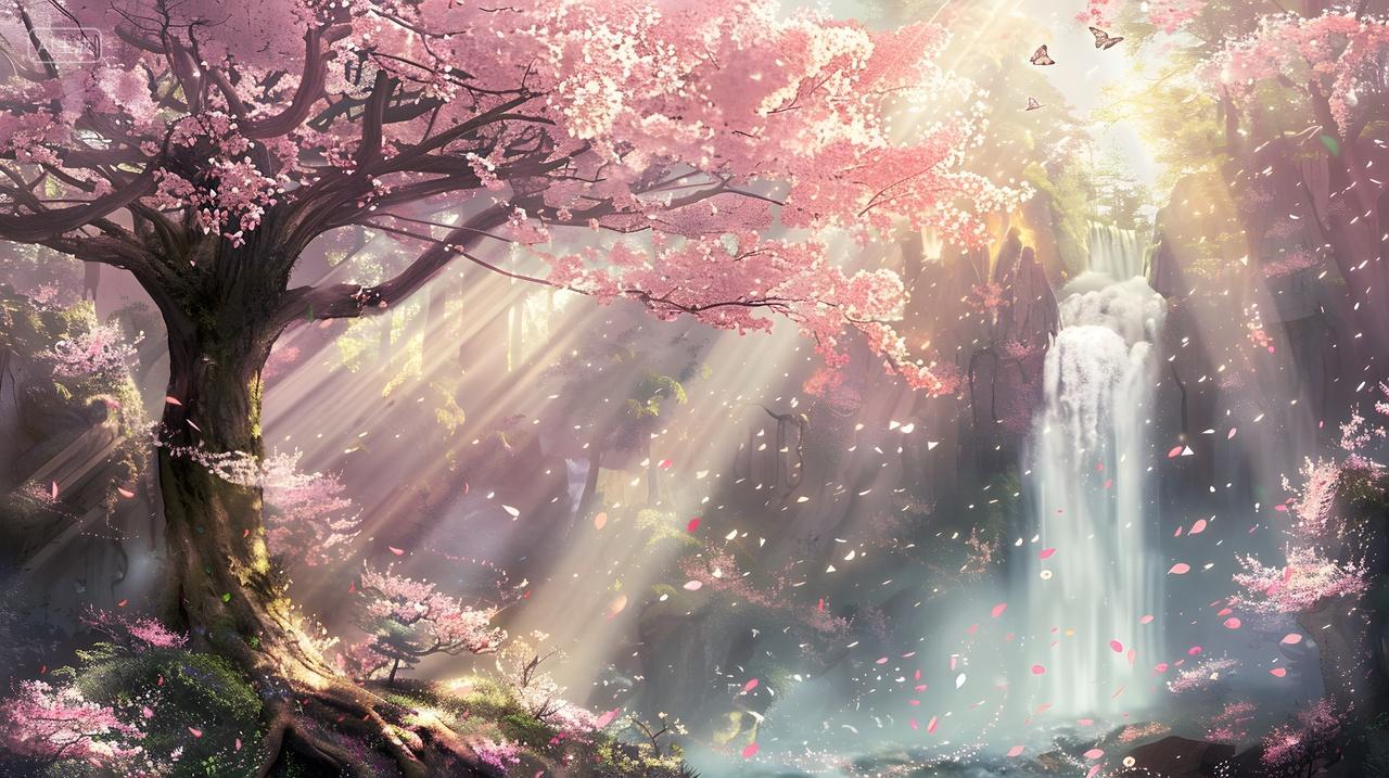 春天阳光洒落的瀑布与樱花树风景壁纸
