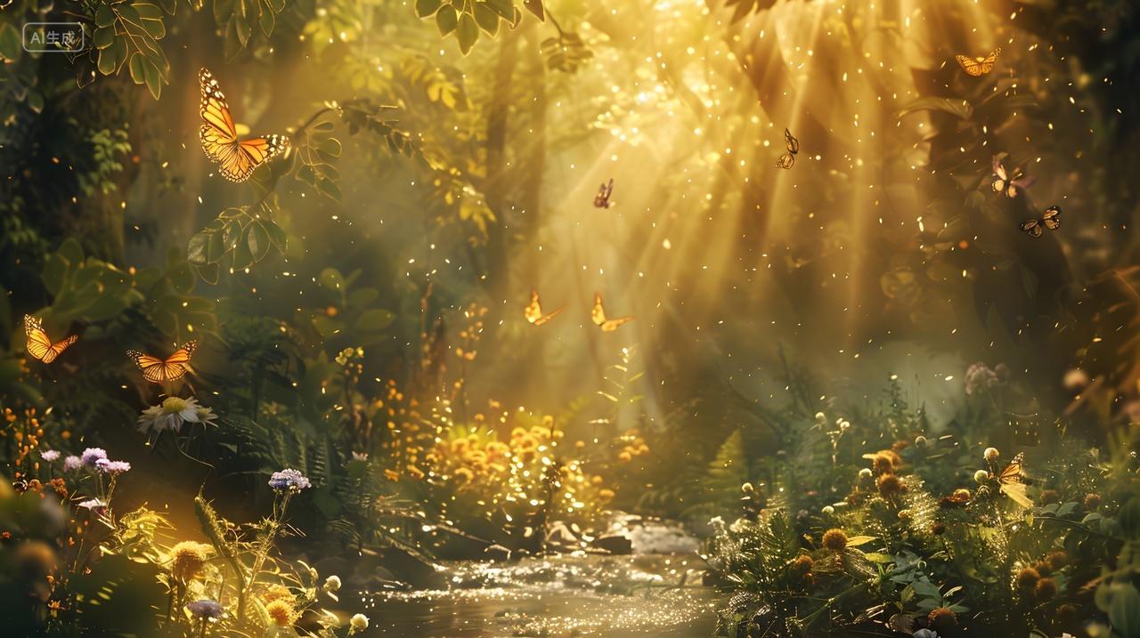 阳光下的森林秘境与飞舞的蝴蝶风景壁纸
