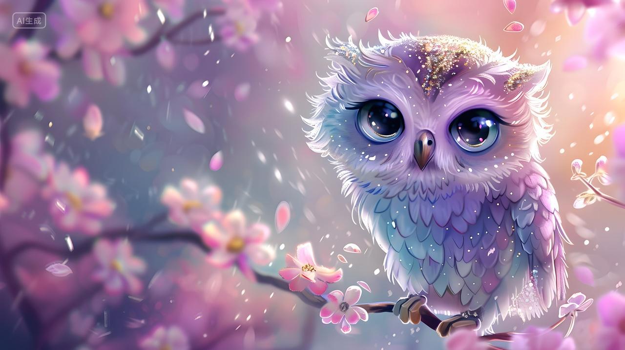 梦幻樱花树上的猫头鹰插画