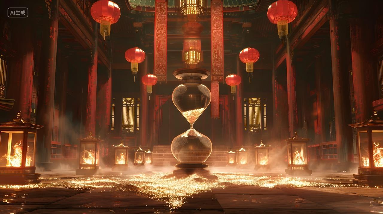 古风建筑内部红灯笼沙漏景观