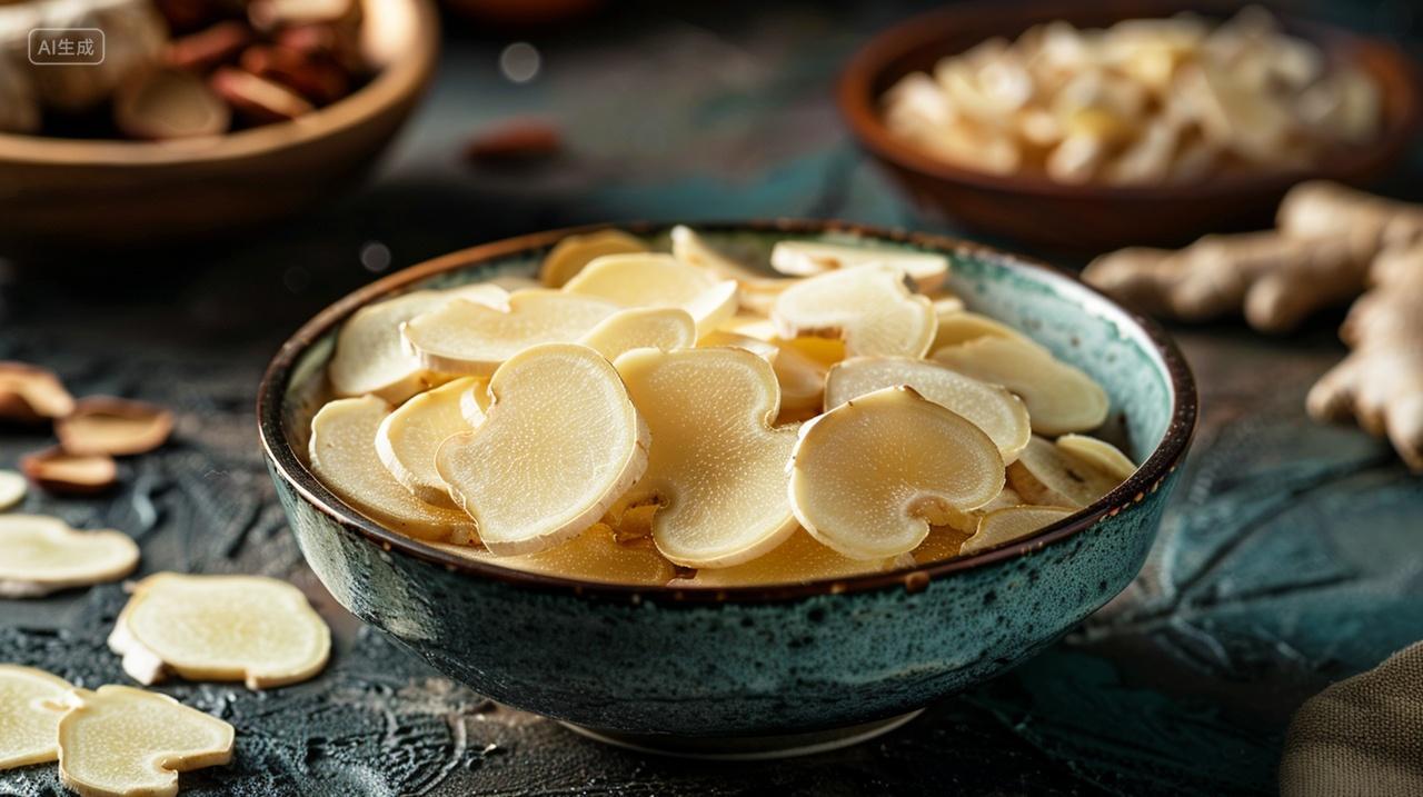 实拍桌子上的一碗姜片中药材