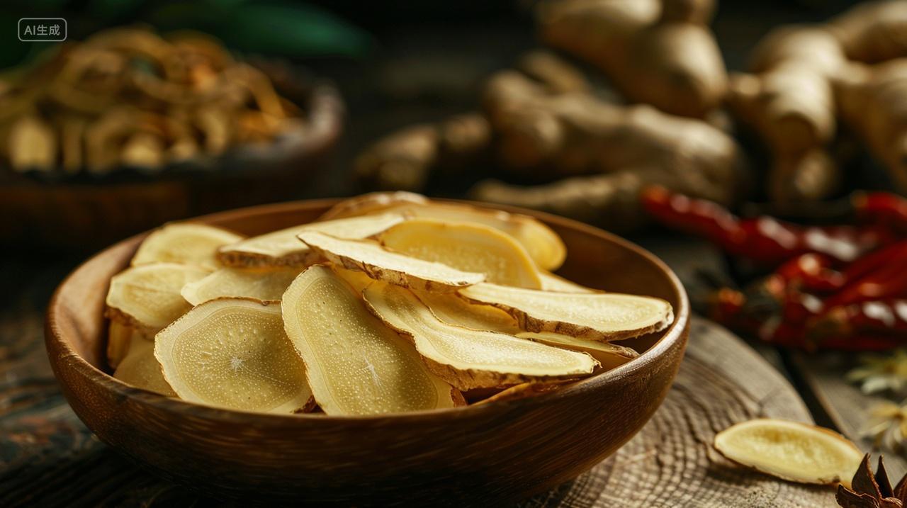 实拍桌子上的一碗生姜中药药材