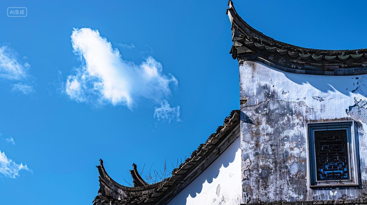 蓝天白云徽派古建筑房檐古镇