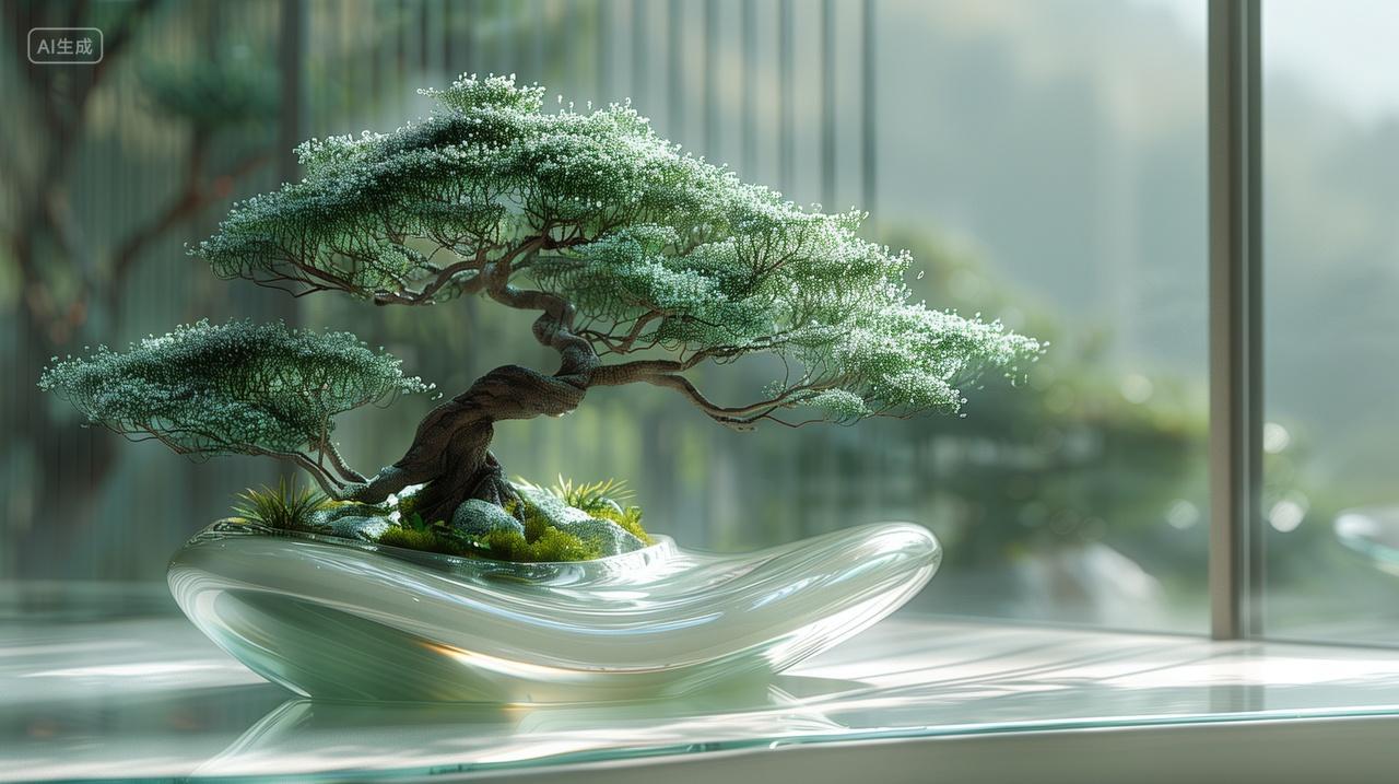 一个精致异型迎客松盆景室内装饰