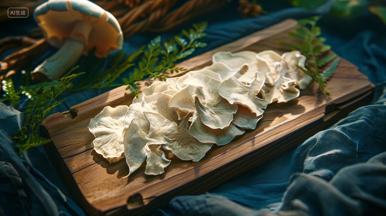 实拍木板上的松茸干片中药材