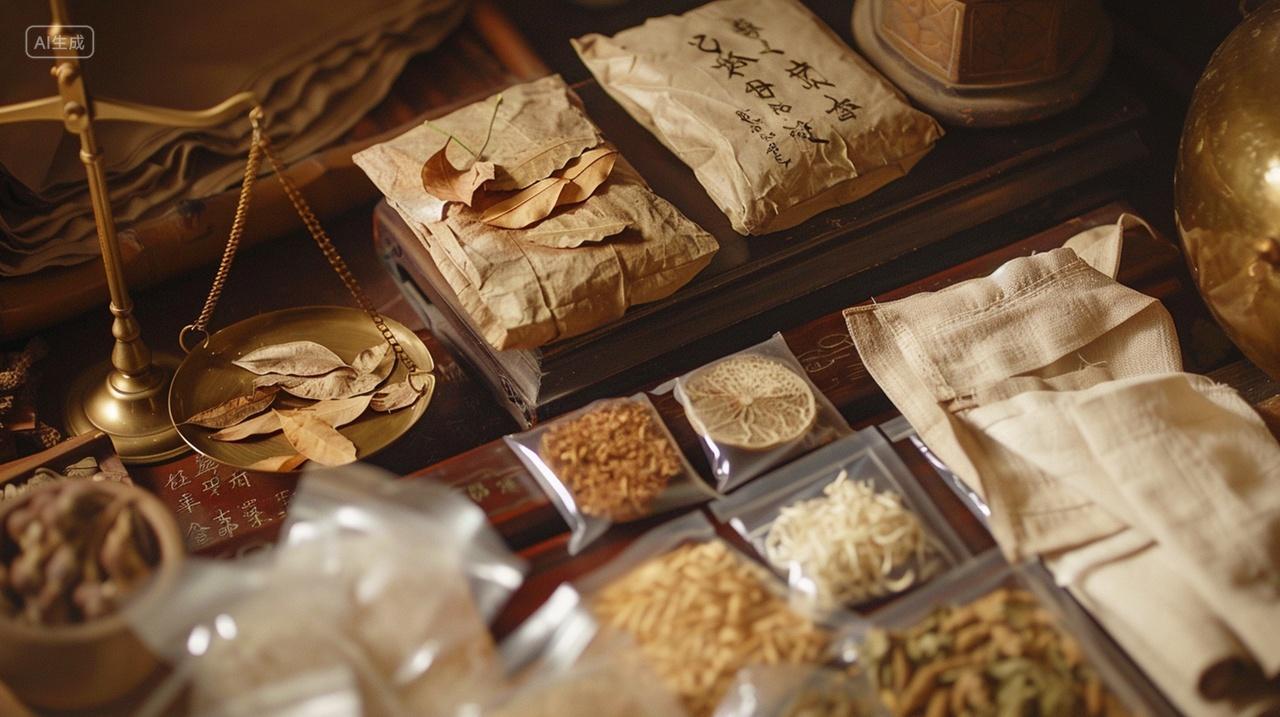 实拍桌子上的各种中药材和古代秤