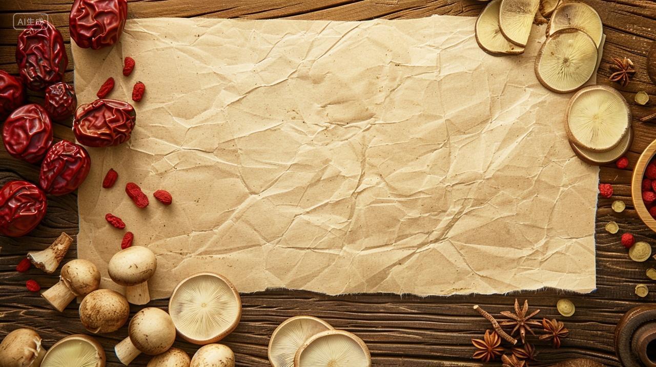 俯拍桌子上的抓药材的纸红枣香菇枸杞八角药材