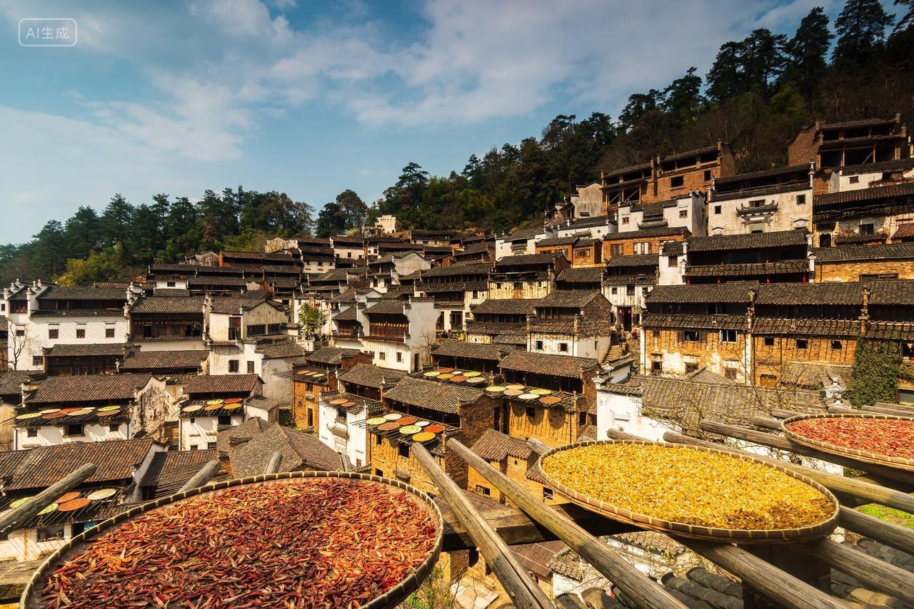农村晒粮食辣椒丰收婺源篁岭