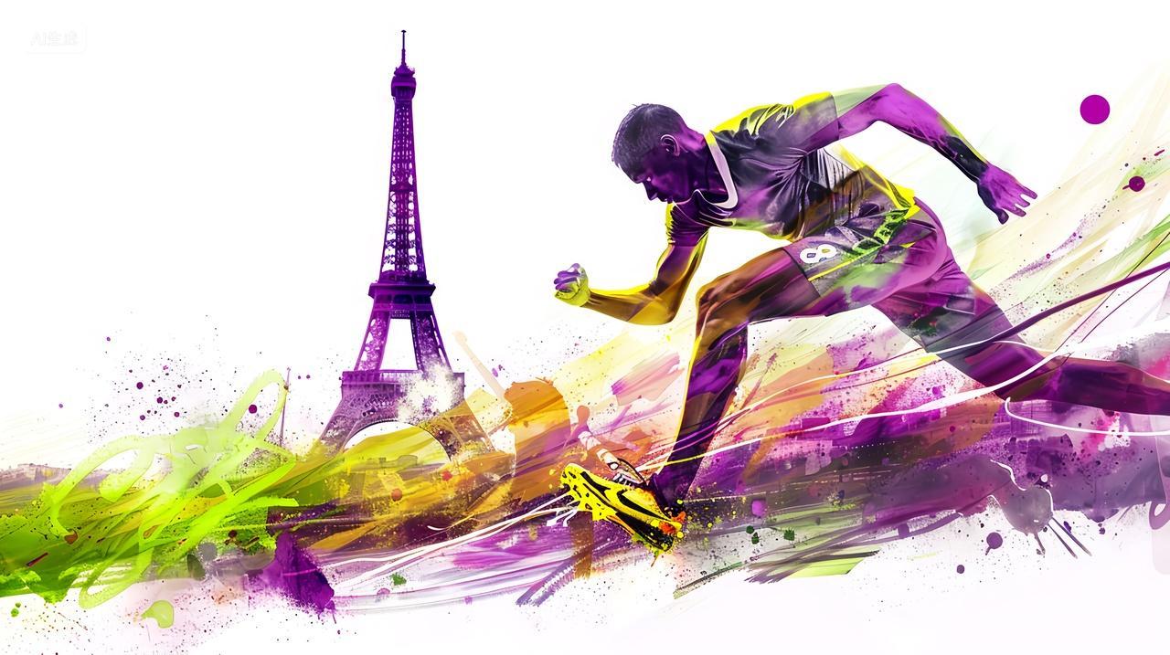 法国奥运会埃菲尔铁塔田径运动员双重曝光艺术简约背景
