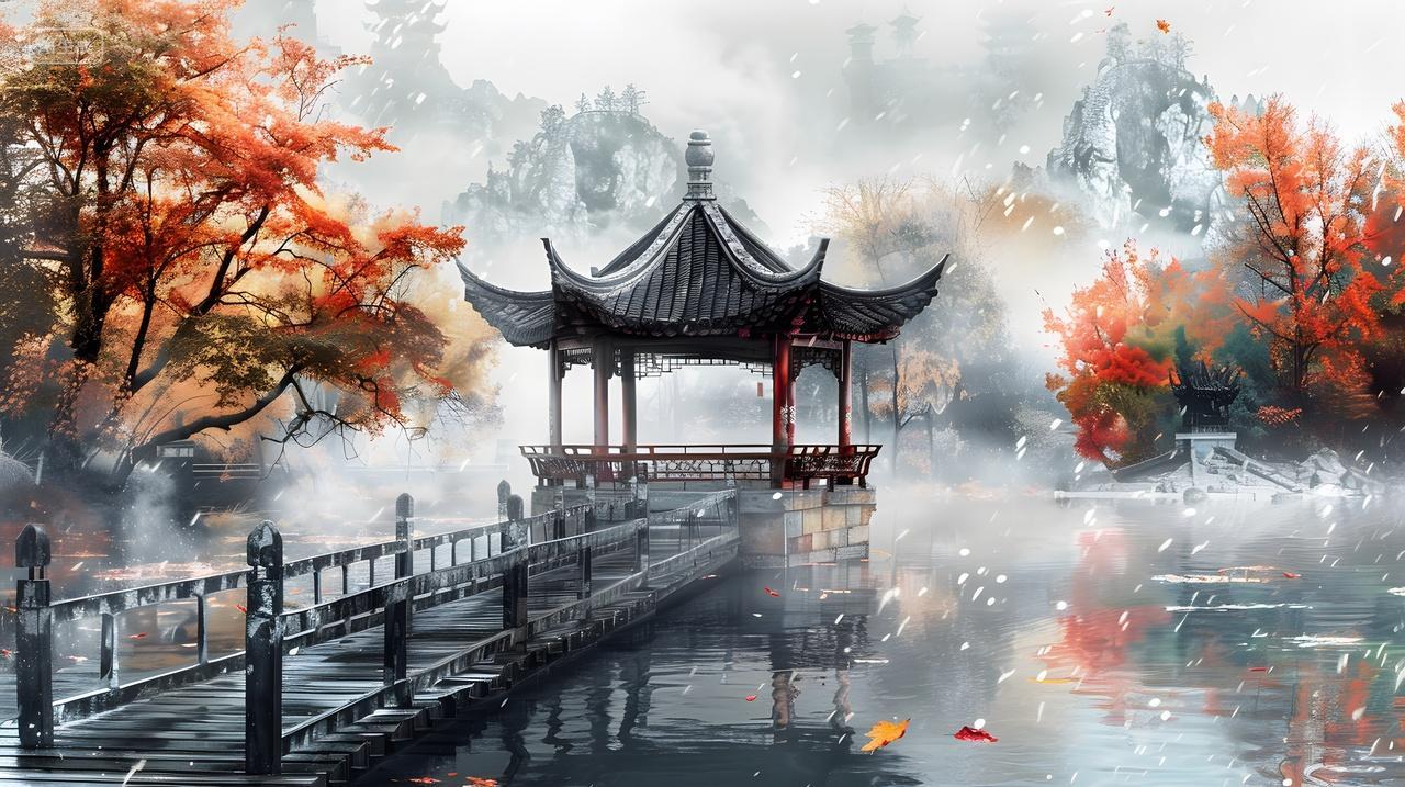 秋日湖中亭台与红叶风景壁纸