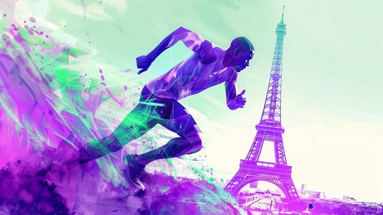 法国奥运会埃菲尔铁塔田径运动员双重曝光艺术简约背景